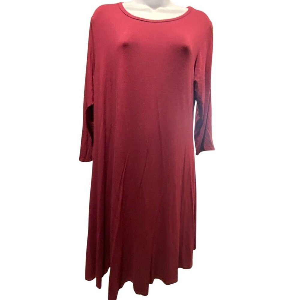Forever Rose Dress Women 1X Wine 3/4 Sleeve Knee Swing Flare Stretch Knit - Picture 2 of 8